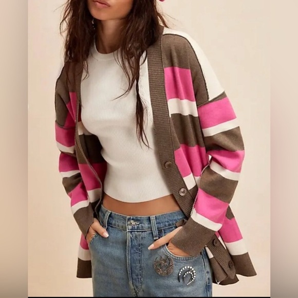 #35 NWT Free People League Of Her Own Cardigan in Aurora Pinecone Combo - Picture 1 of 5
